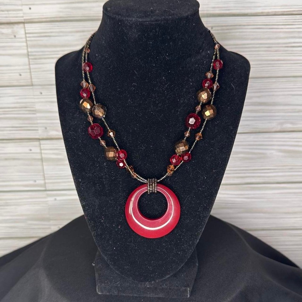 Lia Sophia Necklace Womens OS Red Excellent Beaded Resin Ring Statement Pendant - Picture 1 of 4